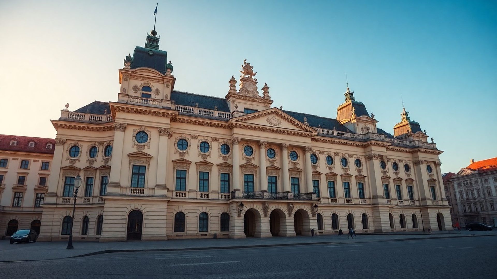 Budova Poslanecké sněmovny v Praze v ranním azurovém světle